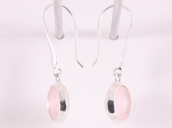 Lange hoogglans zilveren oorbellen met rozenkwarts afbeelding 2