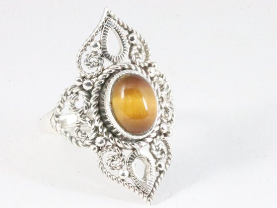 Opengewerkte zilveren ring met tijgeroog afbeelding 1