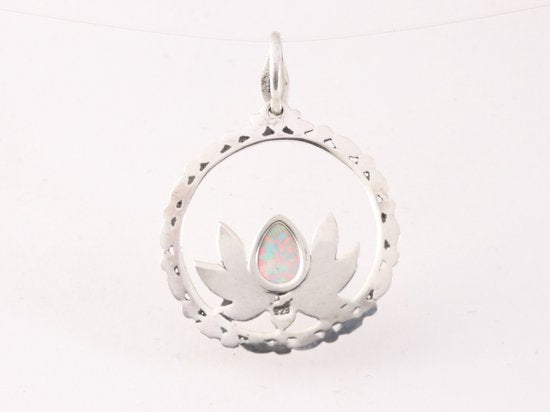 Ronde zilveren lotus bloem hanger met welo opaal afbeelding 3