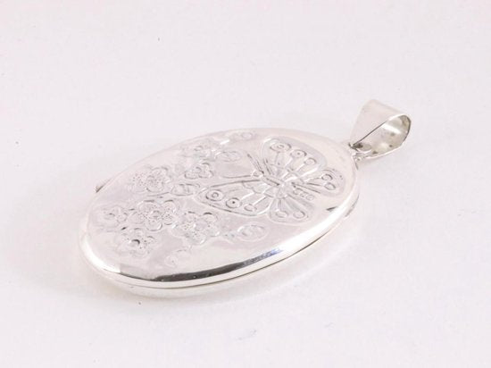 Ovaal zilveren medaillon met vlinder- en bloemengravering afbeelding 2