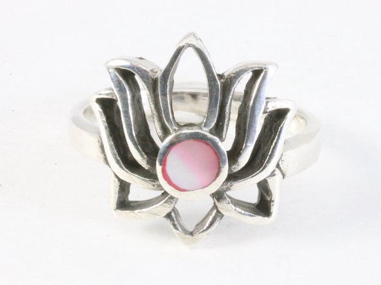 Opengewerkte zilveren lotus bloem ring met roze parelmoer afbeelding 4