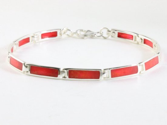 Hoogglans zilveren armband met rode koraal steen afbeelding 1