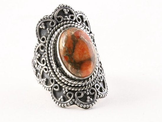 Bewerkte zilveren ring met rode koperturkoois afbeelding 1
