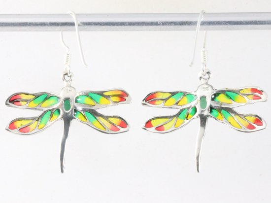 Zilveren libelle oorbellen met emaille en smaragd afbeelding 2