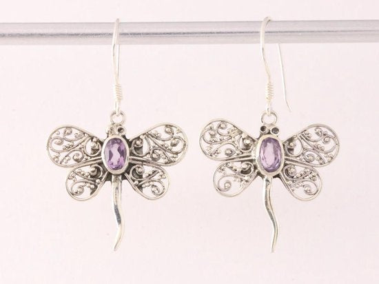 Traditionele zilveren libelle oorbellen met amethist afbeelding 1