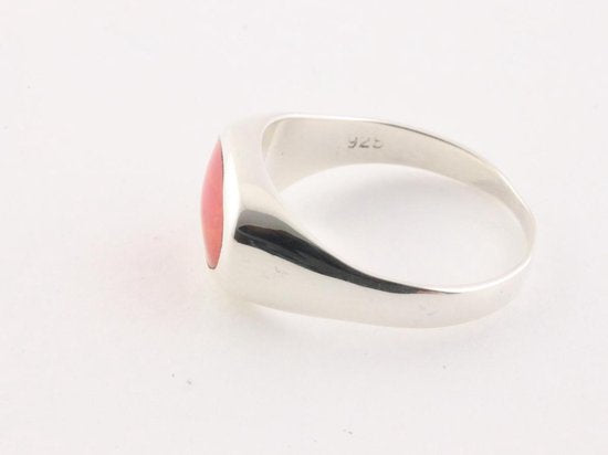 Ovale hoogglans zilveren ring met rode koraal steen afbeelding 2