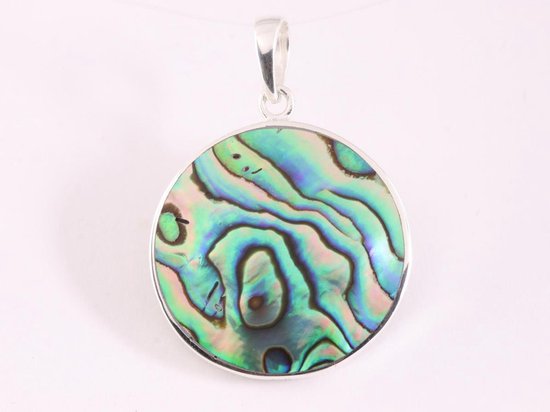 Ronde zilveren hanger met lotus bloem op abalone schelp afbeelding 3