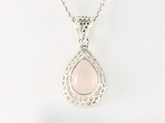 Opengewerkte zilveren hanger met rozenkwarts aan ketting afbeelding 4