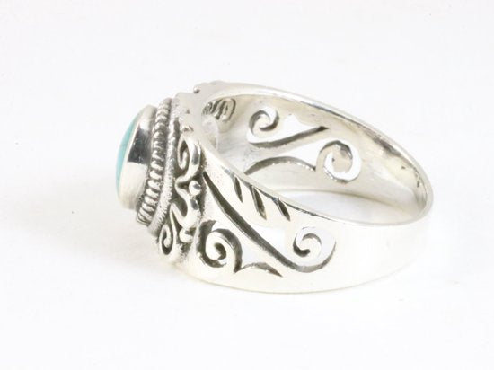 Opengewerkte zilveren ring met blauwe turkoois afbeelding 2