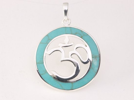 Ronde zilveren hanger met ohm teken en groene turkoois afbeelding 4