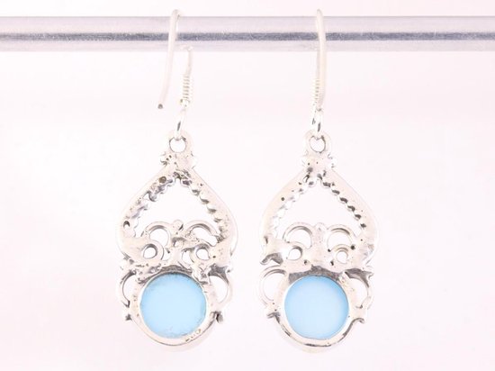 Opengewerkte zilveren oorbellen met blauwe chalcedoon afbeelding 3