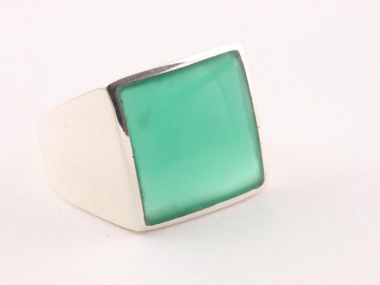 Hoogglans zilveren zegelring met groene agaat afbeelding 1