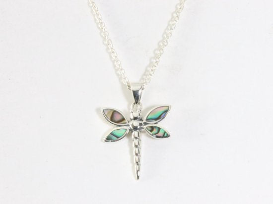 Fijne zilveren libelle hanger met abalone schelp aan ketting afbeelding 4