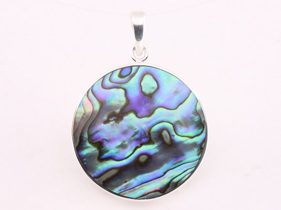 Ronde zilveren hanger met levensbloem op abalone schelp afbeelding 3
