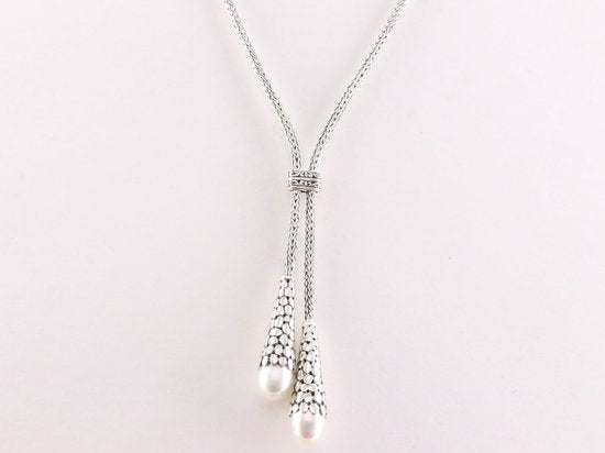 Traditionele bewerkte zilveren vossenstaart ketting met witte zoetwater parels afbeelding 1