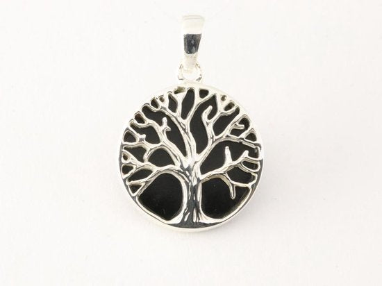 Fijne ronde zilveren hanger met levensboom op onyx afbeelding 4