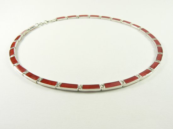 Zilveren collier met rode koraal steen afbeelding 2