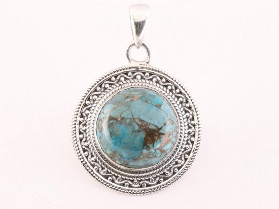 Bewerkte ronde zilveren hanger met blauwe koperturkoois afbeelding 4