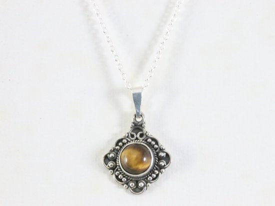 Fijne bewerkte zilveren hanger met tijgeroog aan ketting afbeelding 4