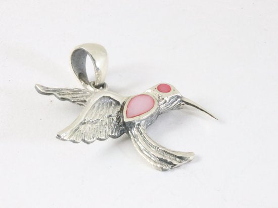 Zilveren kolibrie hanger met roze parelmoer afbeelding 2