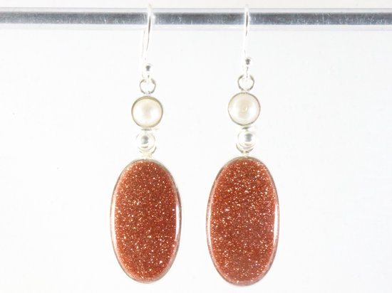 Lange zilveren oorbellen met goudsteen en parel afbeelding 3