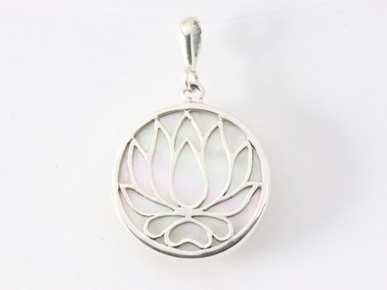 Ronde zilveren lotus bloem hanger met parelmoer afbeelding 4