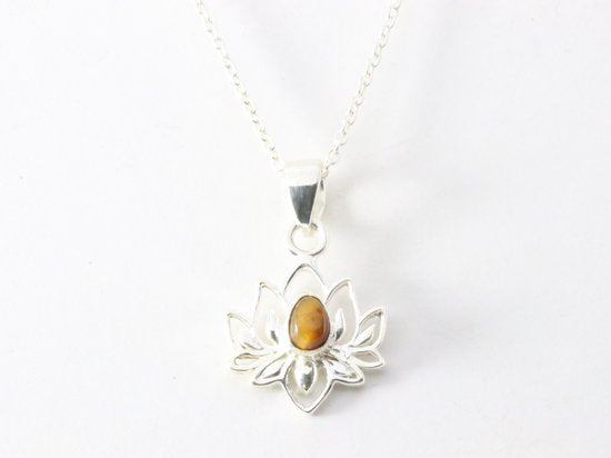 Fijne zilveren lotus hanger met tijgeroog aan ketting afbeelding 4