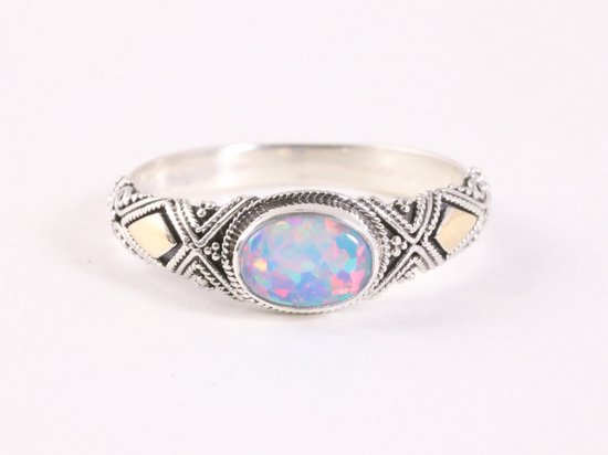 Fijne bewerkte zilveren ring met Australische opaal en 18k gouden decoraties afbeelding 4