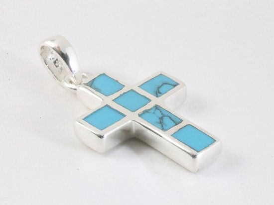 Zilveren kruishanger met blauwe turkoois afbeelding 2