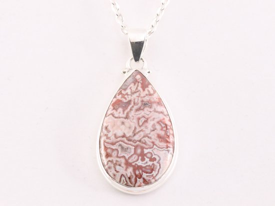 Druppelvormige zilveren hanger met roze Rosetta jaspis aan ketting afbeelding 4