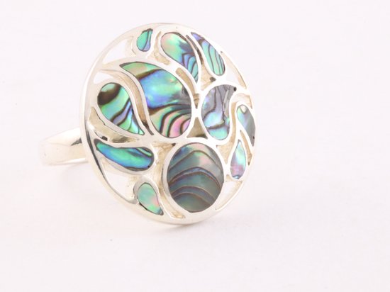 Ronde opengewerkte zilveren ring met abalone schelp afbeelding 1