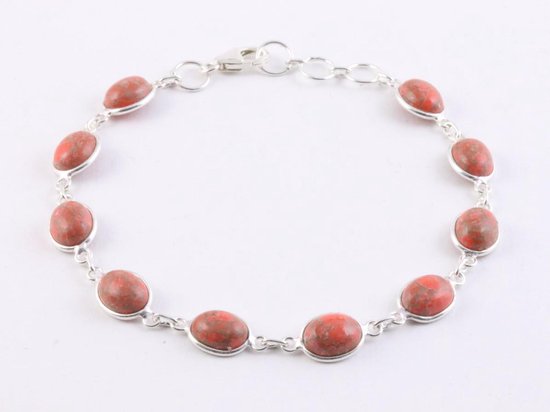 Fijne zilveren schakelarmband met rode koperturkoois afbeelding 1