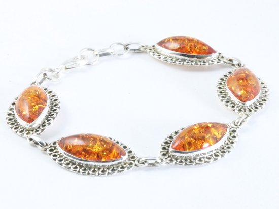 Bewerkte zilveren armband met grote amber stenen afbeelding 2