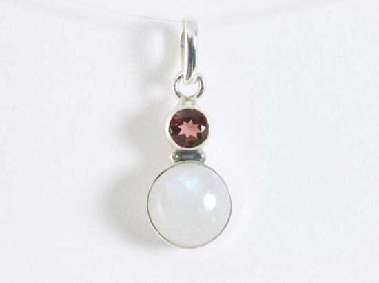 Fijne zilveren hanger met regenboog maansteen en granaat afbeelding 4