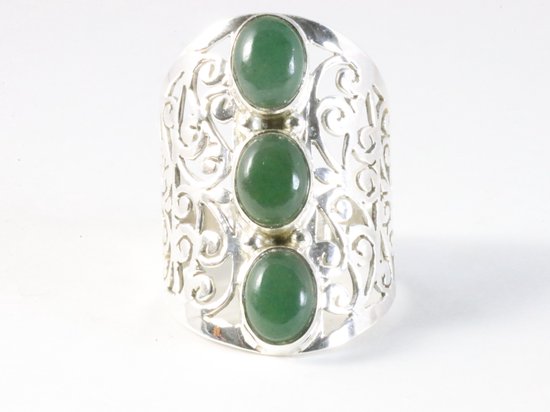 Langwerpige opengewerkte zilveren ring met jade afbeelding 4