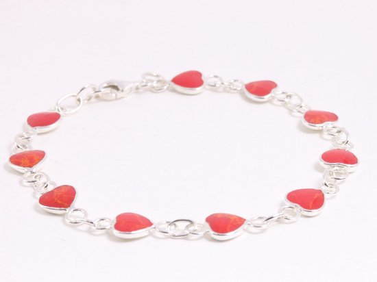 Zilveren hartjes armband met rode koraal steen afbeelding 2