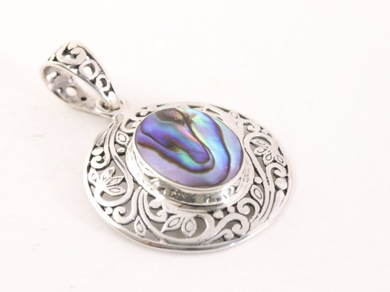 Ronde opengewerkte zilveren hanger met abalone schelp afbeelding 2