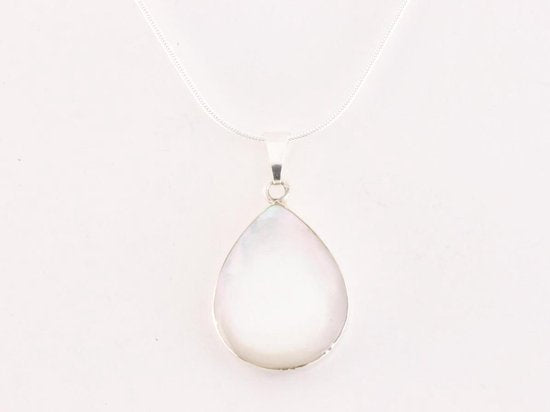 Druppelvormige zilveren hanger met parelmoer aan ketting afbeelding 4