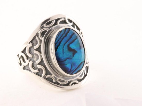 Bewerkte zilveren ring met blauwe abalone schelp afbeelding 1