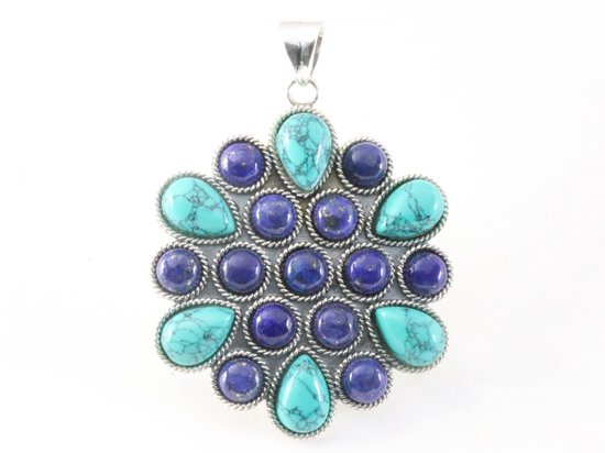 Traditionele bewerkte zilveren hanger met lapis lazuli en turkoois afbeelding 4
