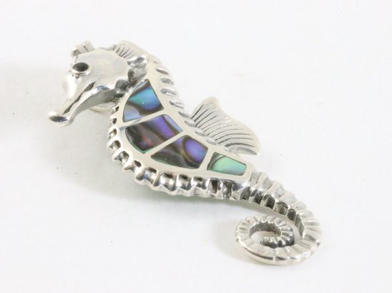 Zilveren zeepaardje met abalone schelp aan ketting afbeelding 2