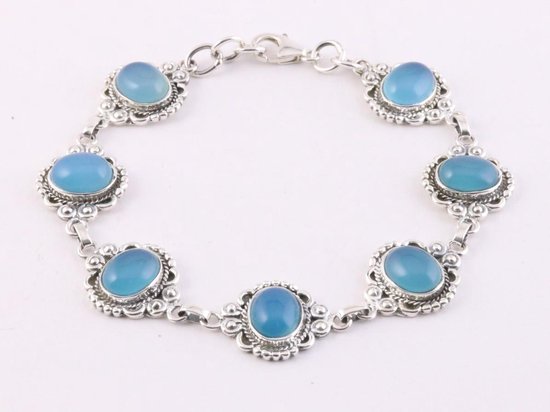 Bewerkte zilveren schakelarmband met blauwe chalcedoon afbeelding 1