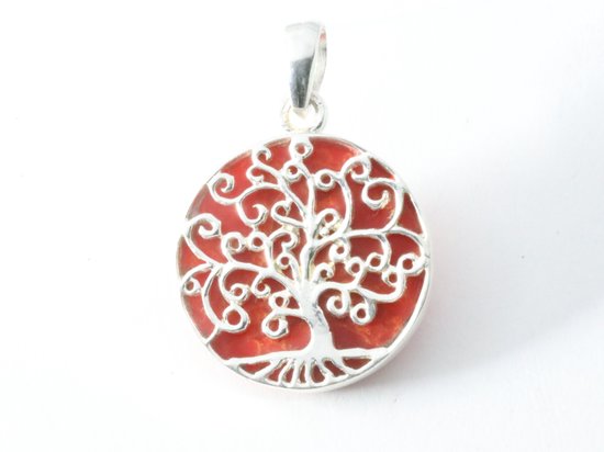 Fijne ronde zilveren hanger met levensboom op rode koraal steen afbeelding 4