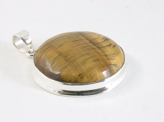 Ronde hoogglans zilveren hanger met tijgeroog aan ketting afbeelding 2