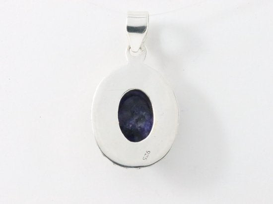 Fijne bewerkte ovale zilveren hanger met blauwe saffier afbeelding 3