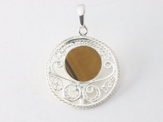 Ronde opengewerkte zilveren hanger met tijgeroog afbeelding 3