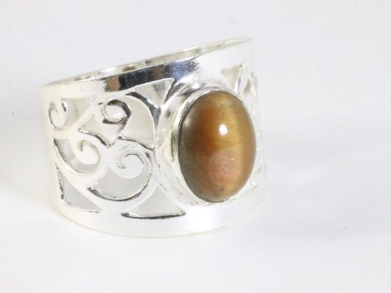 Brede opengewerkte zilveren ring met tijgeroog afbeelding 1