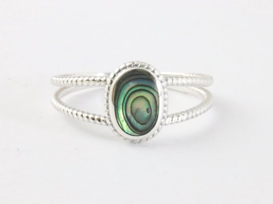 Fijne opengewerkte zilveren ring met abalone schelp afbeelding 4