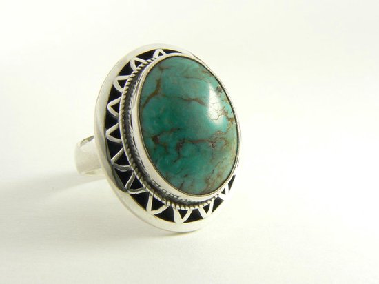 Zware bewerkte zilveren ring met groene turkoois afbeelding 1