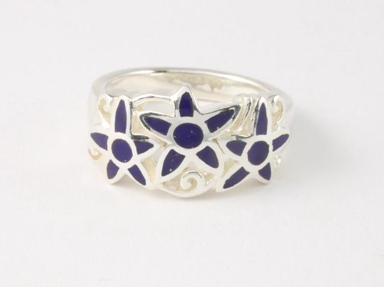 Opengewerkte zilveren ring met lapis lazuli bloemen afbeelding 2